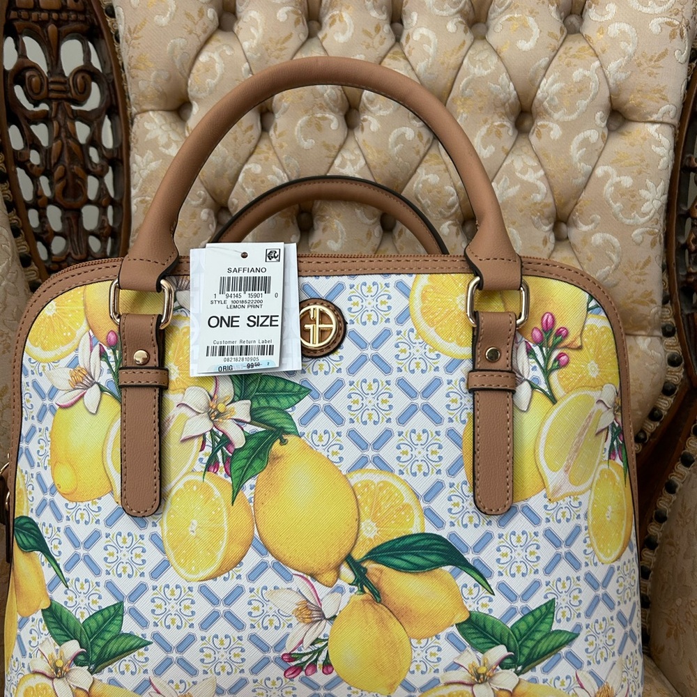 Lemon Print Satchel with Tan Handles